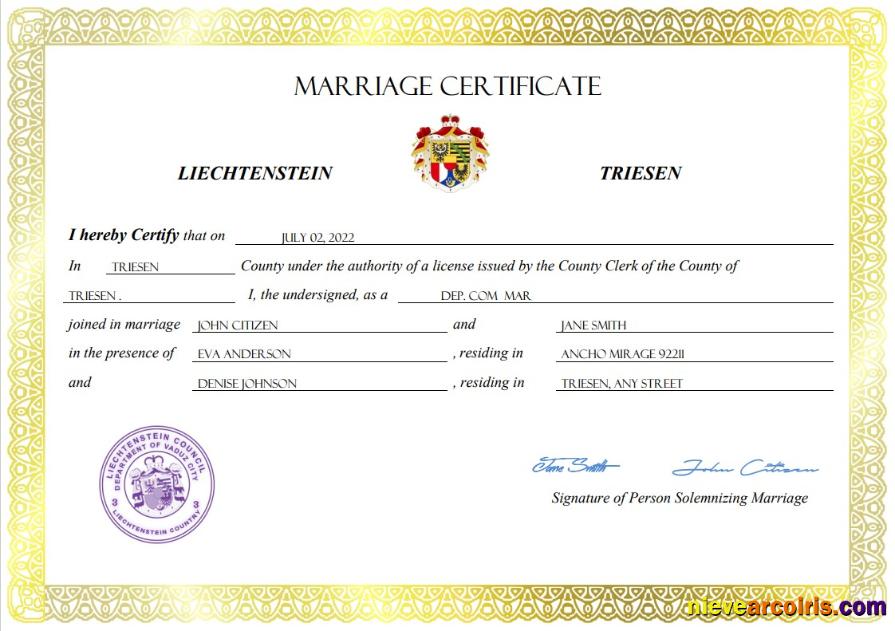 Liechtenstein marriage certificate